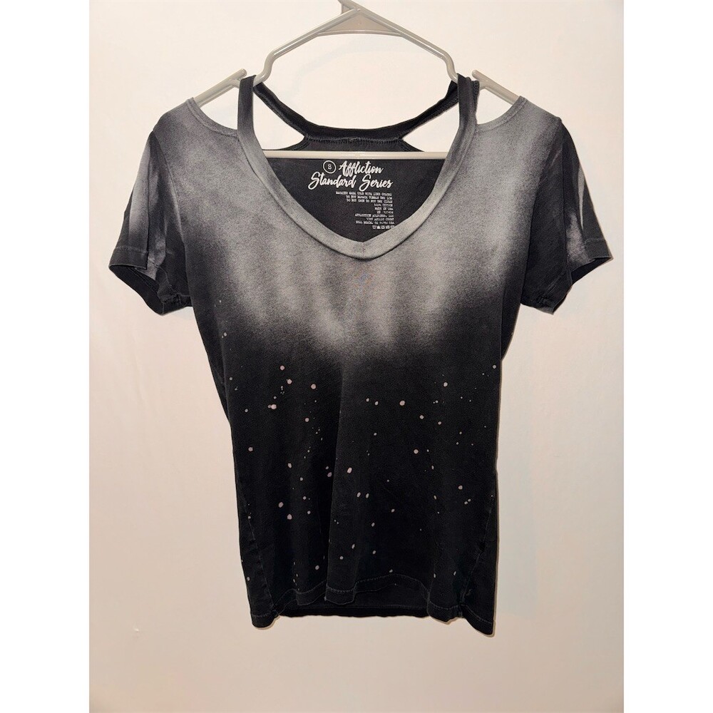Affliction T-Shirt Womens Size S Gray Black Ombre V-Neck Short Sleeve